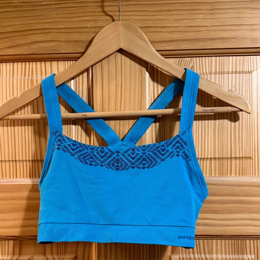 Patagonia, women’s sports bra, racerback style, blue with floral print, medium